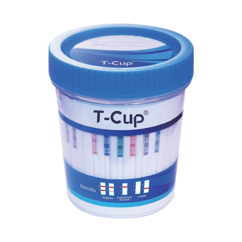 Wondfo USA Co Ltd Drugs of Abuse Test Kit T-Cup AMP, BAR, BUP, BZO, COC, mAMP/MET, MDMA, MOP, MTD, OXY, PCP, THC (CR, pH, SG) 25 Tests CLIA Waived (100/CS) 