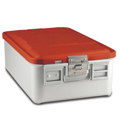 SklarLite Sterilization Container - Mid-Size, Safe Lid, Non-Perforated Bottom, 18-1/4" x 11" x 6", Red - 10-4422 