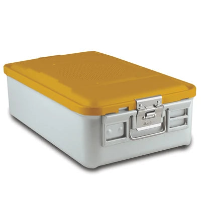 SklarLite Sterilization Container - Mid-Size, Standard Lid, Perforated Bottom, 18-1/4" x 11" x 5", Yellow - 10-4361 