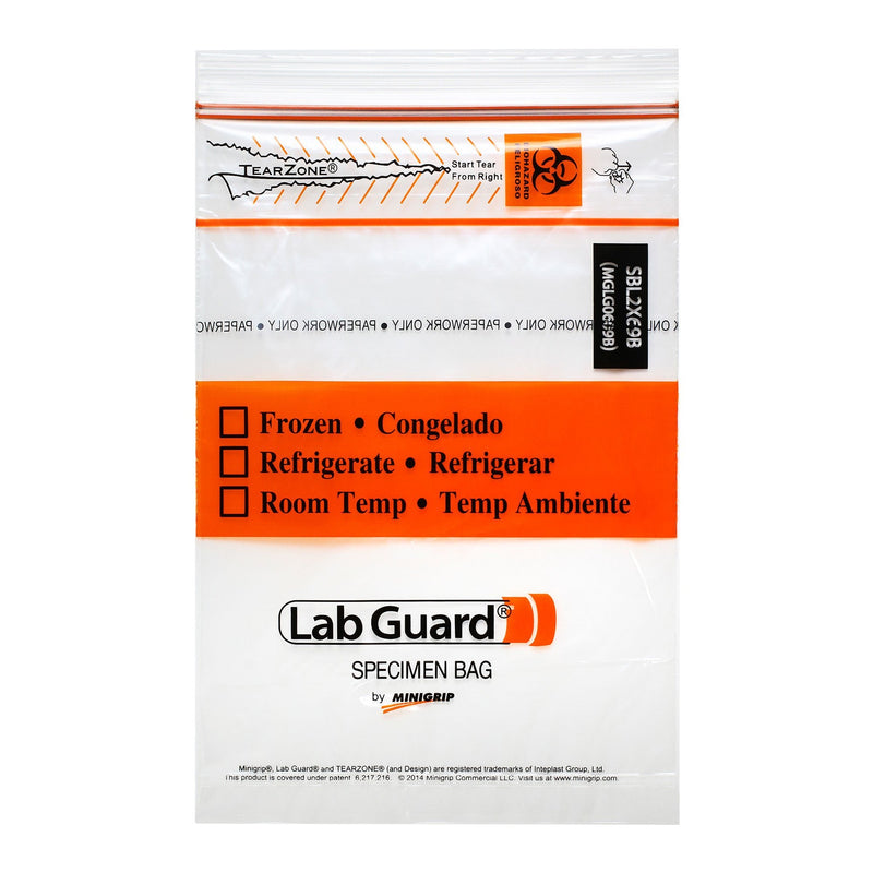 Specimen Transport Bag with Document Pouch Lab Guard TearZone 6 X 9 Inch Zip Closure Biohazard Symbol / Storage Instructions NonSterile (Case of 1000) 