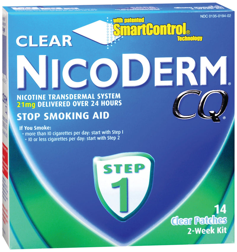 Nicoderm CQ Stop Smoking Aid Clear Patches Step 1 21 mg (Box of 14)