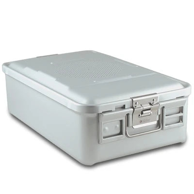 SklarLite Sterilization Container - Mid-Size, Standard Lid, Perforated Bottom, 18-1/4" x 11" x 5", Silver - 10-4360