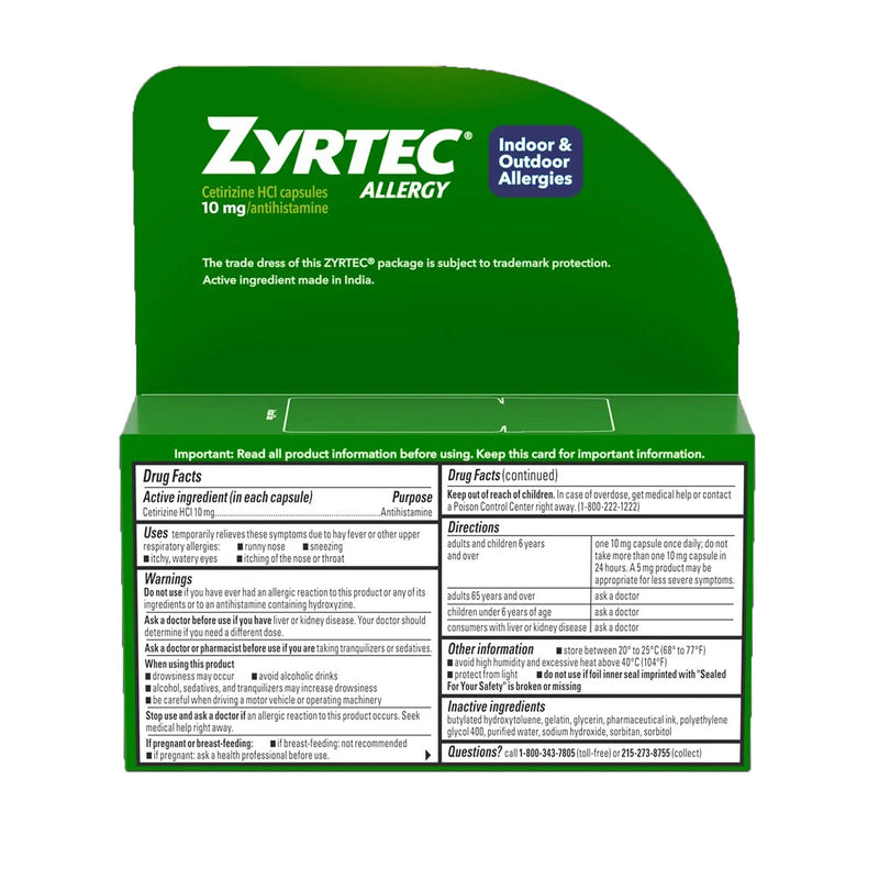 Allergy Relief Zyrtec 10 mg Strength Liqui-Gel 40 per Bottle