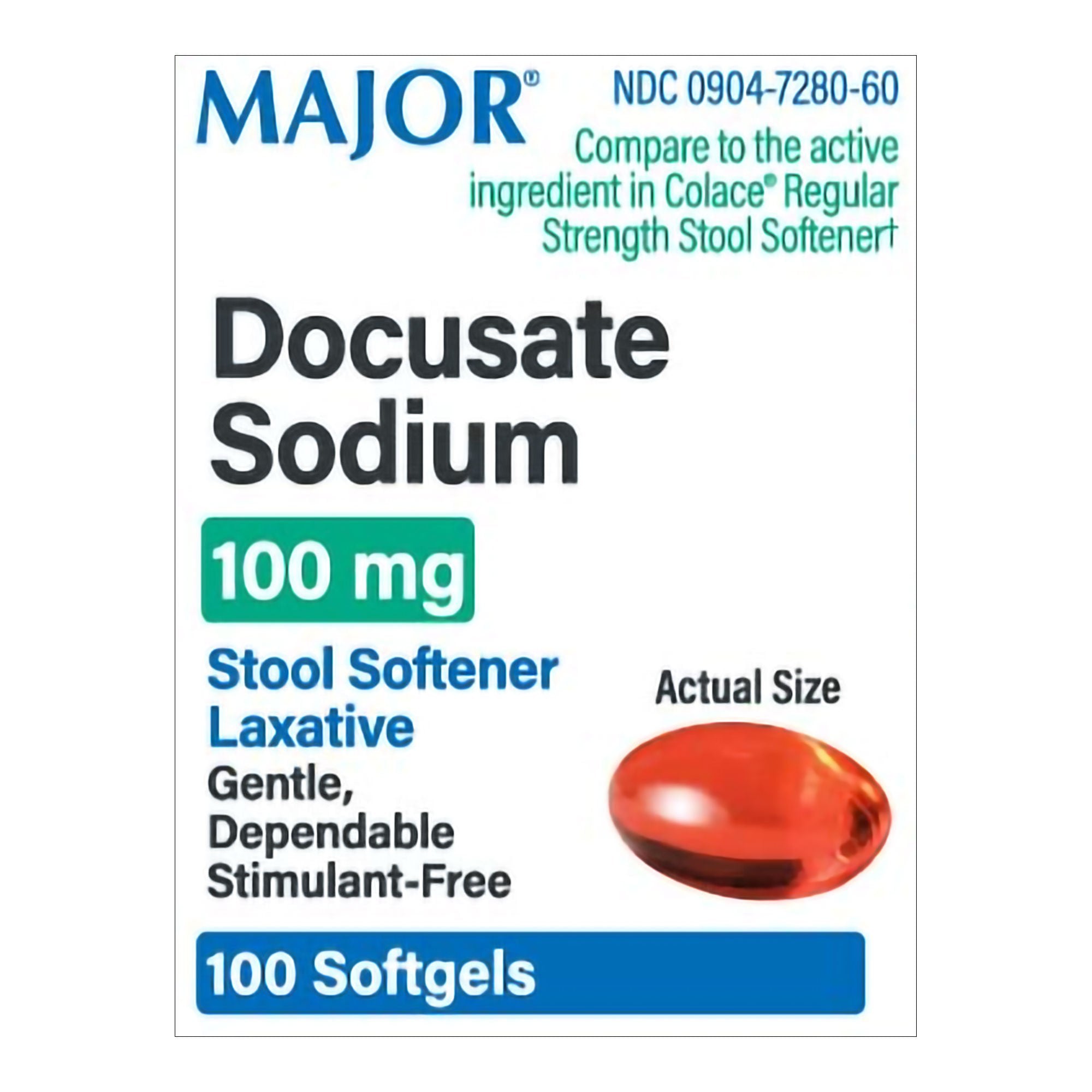Major 100 mg Docusate Sodium Stool Softener Laxative Softgels (Bottle of 100) 