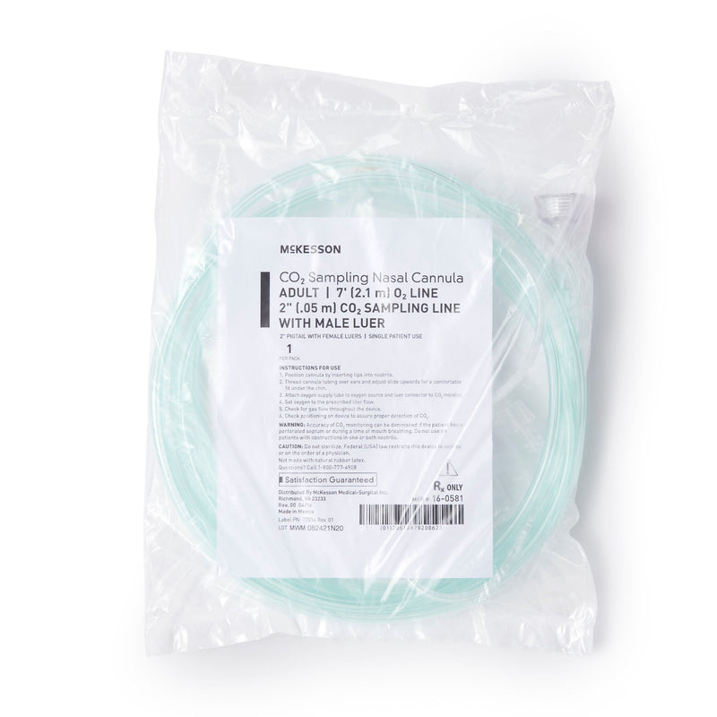ETCO2 Nasal Cannula McKesson Adult Curved Prongs 7 Foot Tubing Low Flow Rate (Case of 25)