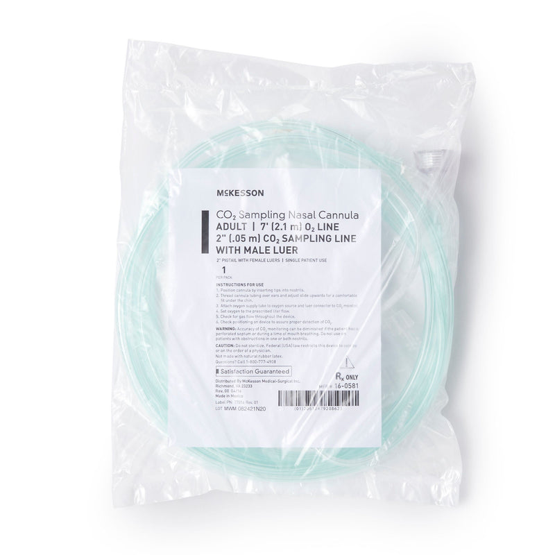 ETCO2 Nasal Cannula McKesson Adult Curved Prongs 7 Foot Tubing Low Flow Rate
