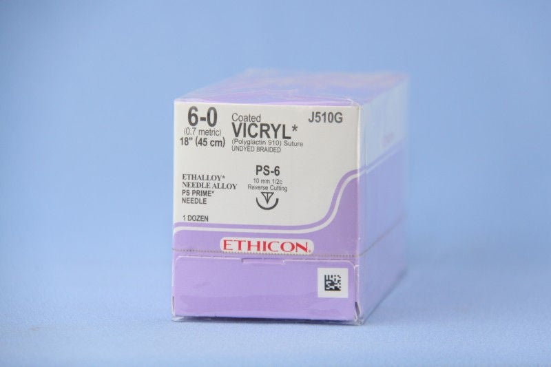 Absorbable Suture with Needle Coated Vicryl Polyglactin 910 PS-6 1/2 Circle Reverse Cutting Needle Size 6-0 Braided (Box of 12)