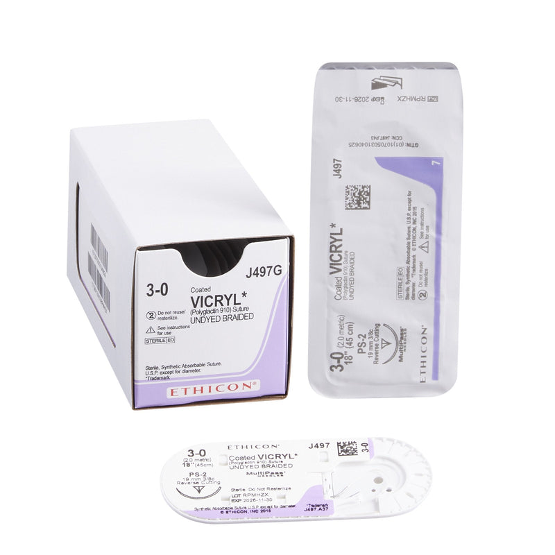 Absorbable Suture with Needle Coated Vicryl Polyglactin 910 PS-2 3/8 Circle Precision Reverse Cutting Needle Size 3-0 Braided 