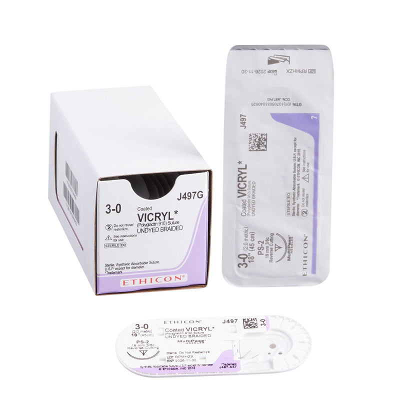 Absorbable Suture with Needle Coated Vicryl Polyglactin 910 PS-2 3/8 Circle Precision Reverse Cutting Needle Size 3-0 Braided (Box of 12)