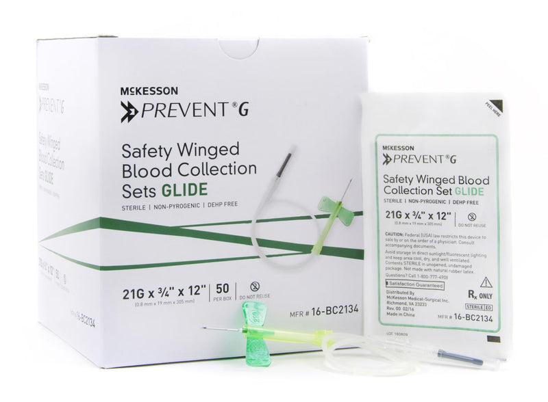 McKesson Prevent G Blood Collection Set 21 Gauge 3/4 Inch Needle Length Safety Needle 12 Inch Tubing Sterile (Case of 200)