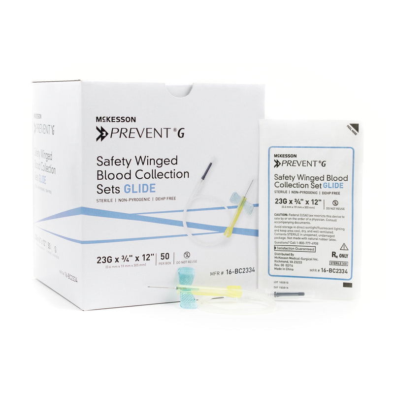McKesson Prevent G Blood Collection Set 23 Gauge 3/4 Inch Needle Length Safety Needle 12 Inch Tubing Sterile 