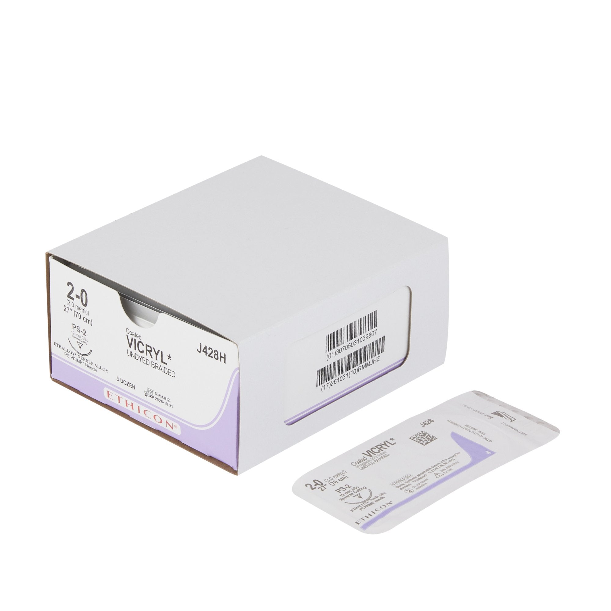 Absorbable Suture with Needle Coated Vicryl Polyglactin 910 PS-2 3/8 Circle Precision Reverse Cutting Needle Size 2-0 Braided 