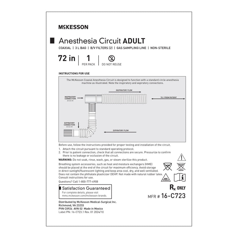 Anesthesia Breathing Circuit McKesson Expandable Tube 72 Inch Tube Single Limb Adult 2 Liter Bag Single Patient Use 