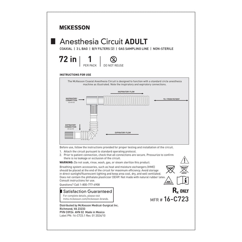 Anesthesia Breathing Circuit McKesson Expandable Tube 72 Inch Tube Single Limb Adult 2 Liter Bag Single Patient Use (Case of 20)
