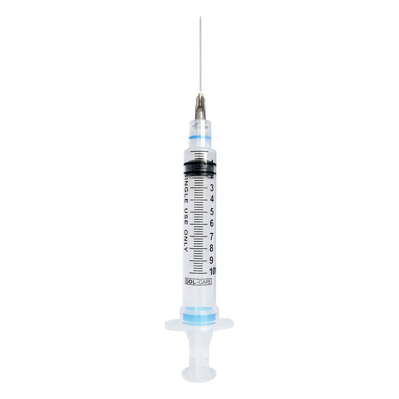 Safety Hypodermic Syringe with Needle Sol-Care 10 mL 1-1/2 Inch 22 Gauge Retractable Safety Needle Regular Wall