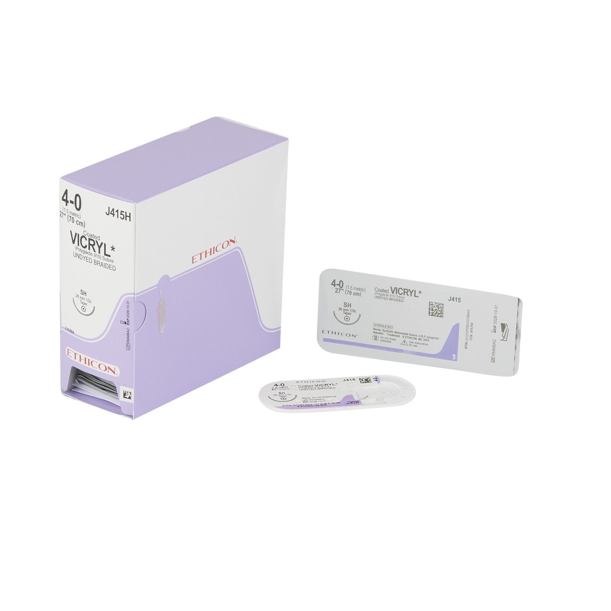 Absorbable Suture with Needle Coated Vicryl Polyglactin 910 SH 1/2 Circle Taper Point Needle Size 4-0 Braided 