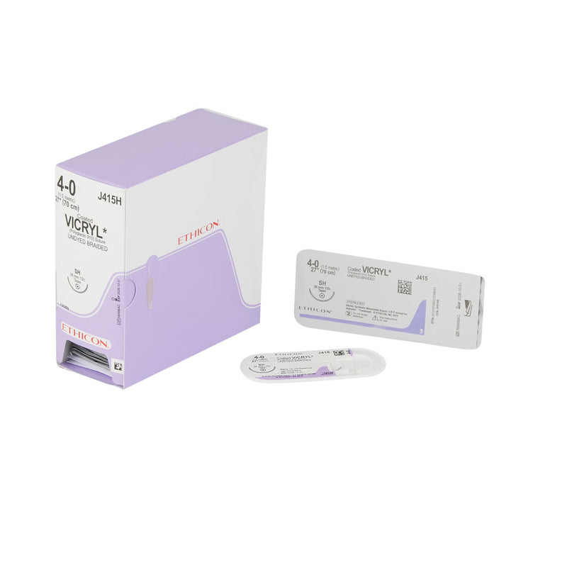 Absorbable Suture with Needle Coated Vicryl Polyglactin 910 SH 1/2 Circle Taper Point Needle Size 4-0 Braided (Box of 36)