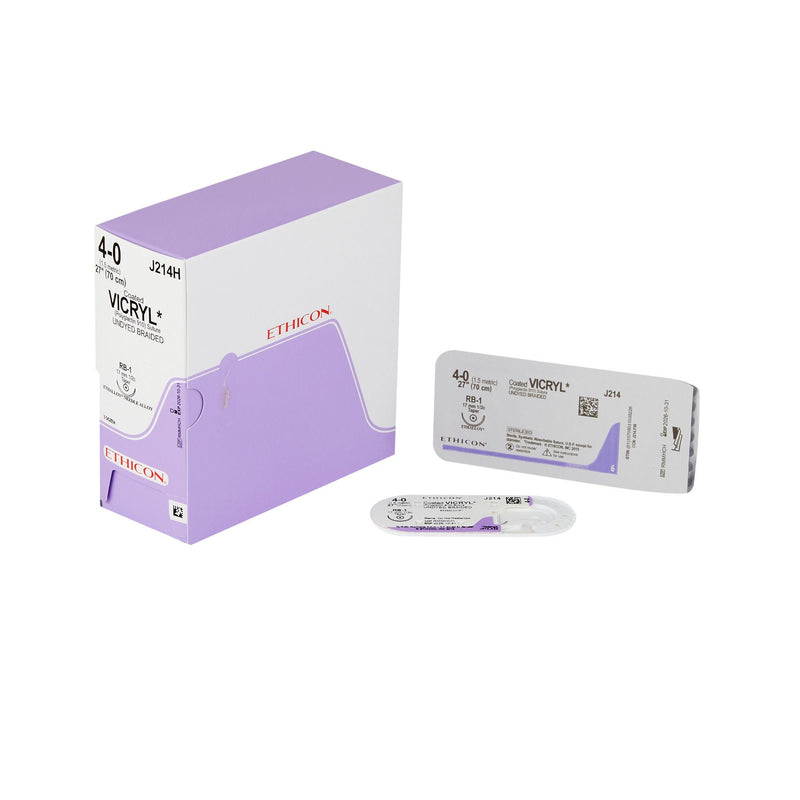 Absorbable Suture with Needle Coated Vicryl Polyglactin 910 RB-1 1/2 Circle Taper Point Needle Size 4-0 Braided (Box of 36)