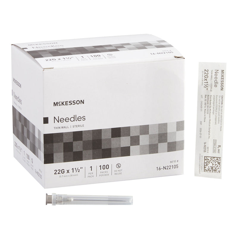 Hypodermic Needle McKesson 1-1/2 Inch Length 22 Gauge Thin Wall Without Safety (Case of 1000)
