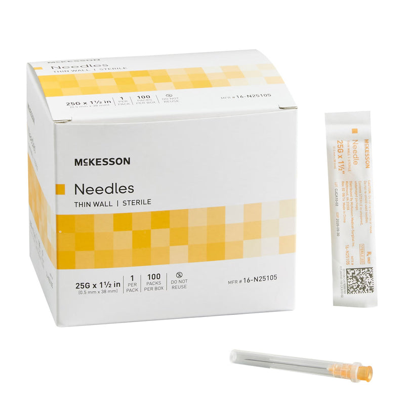 Hypodermic Needle McKesson 1-1/2 Inch Length 25 Gauge Thin Wall Without Safety 