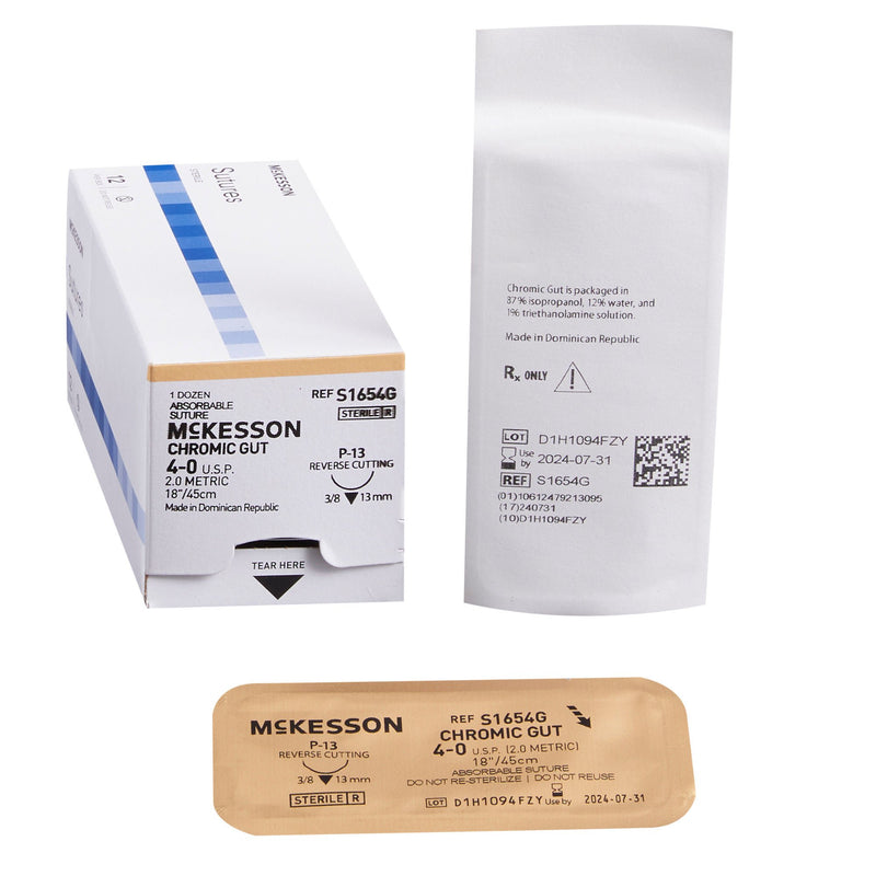 Absorbable Suture with Needle McKesson Chromic Gut P-13 3/8 Circle Precision Reverse Cutting Needle Size 4-0 Monofilament (Box of 12)