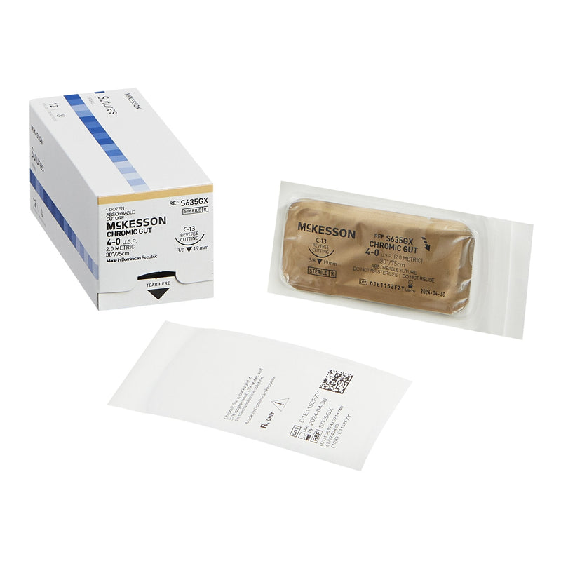 Absorbable Suture with Needle McKesson Chromic Gut C-13 3/8 Circle Reverse Cutting Needle Size 4-0 Monofilament 