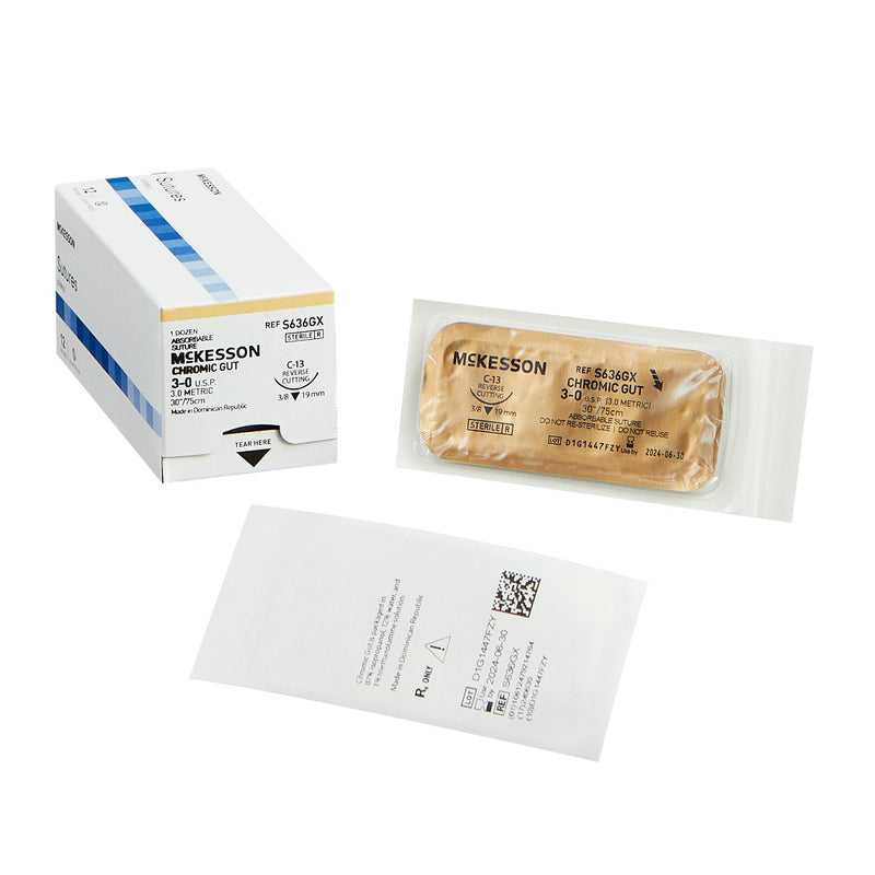 Absorbable Suture with Needle McKesson Chromic Gut C-13 3/8 Circle Reverse Cutting Needle Size 3-0 Monofilament (Box of 12)