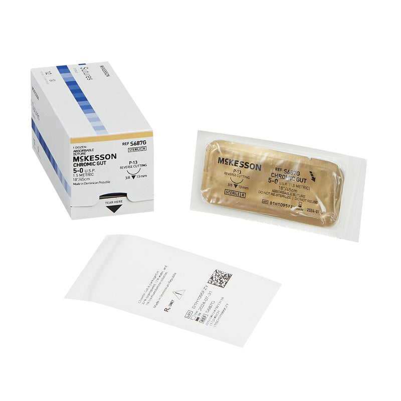 Absorbable Suture with Needle McKesson Chromic Gut P-13 3/8 Circle Precision Reverse Cutting Needle Size 5-0 Monofilament 