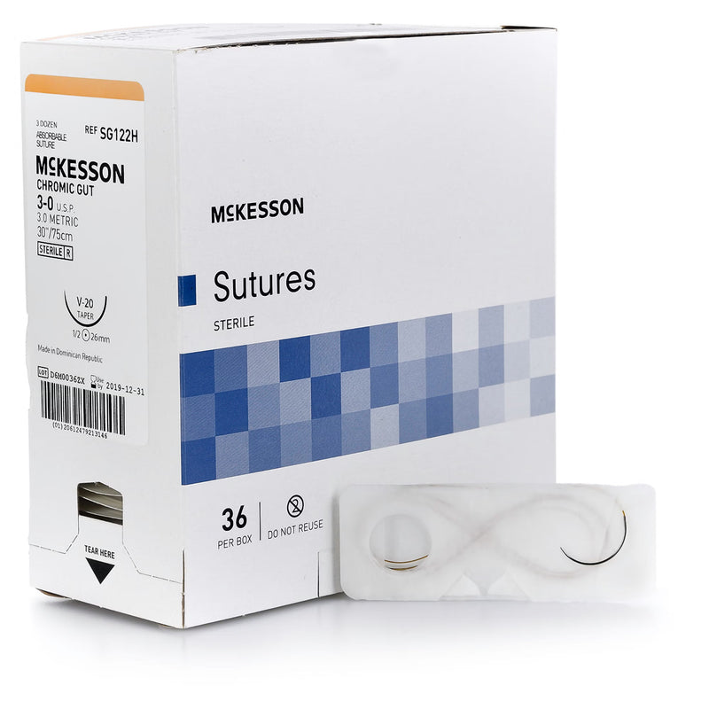 Absorbable Suture with Needle McKesson Chromic Gut V-20 1/2 Circle Taper Point Needle Size 3-0 Monofilament (Box of 36)