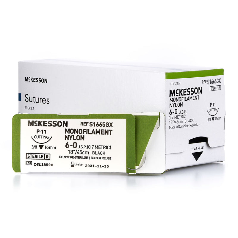 Nonabsorbable Suture with Needle McKesson Nylon P-11 3/8 Circle Precision Reverse Cutting Needle Size 6-0 Monofilament (Box of 12)