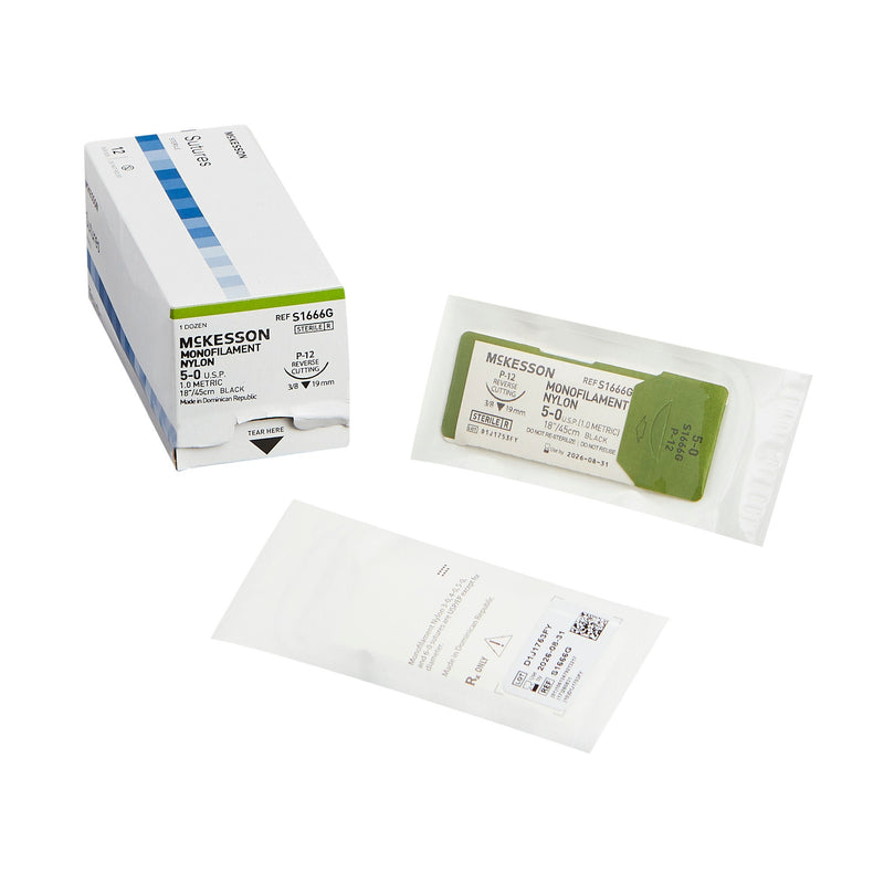 Nonabsorbable Suture with Needle McKesson Nylon P-12 3/8 Circle Precision Reverse Cutting Needle Size 5-0 Monofilament (Box of 12)
