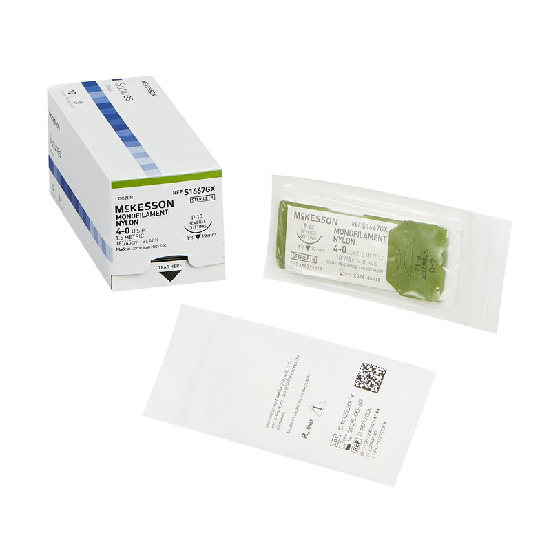 Nonabsorbable Suture with Needle McKesson Nylon P-12 3/8 Circle Precision Reverse Cutting Needle Size 4-0 Monofilament 