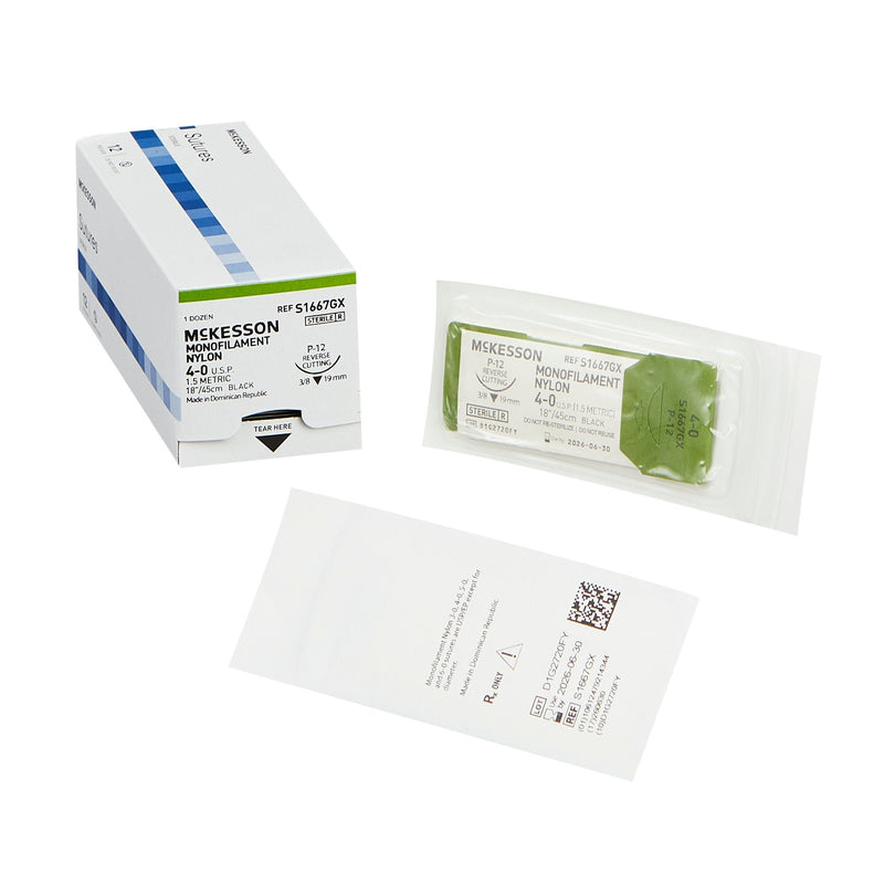 Nonabsorbable Suture with Needle McKesson Nylon P-12 3/8 Circle Precision Reverse Cutting Needle Size 4-0 Monofilament (Box of 12)