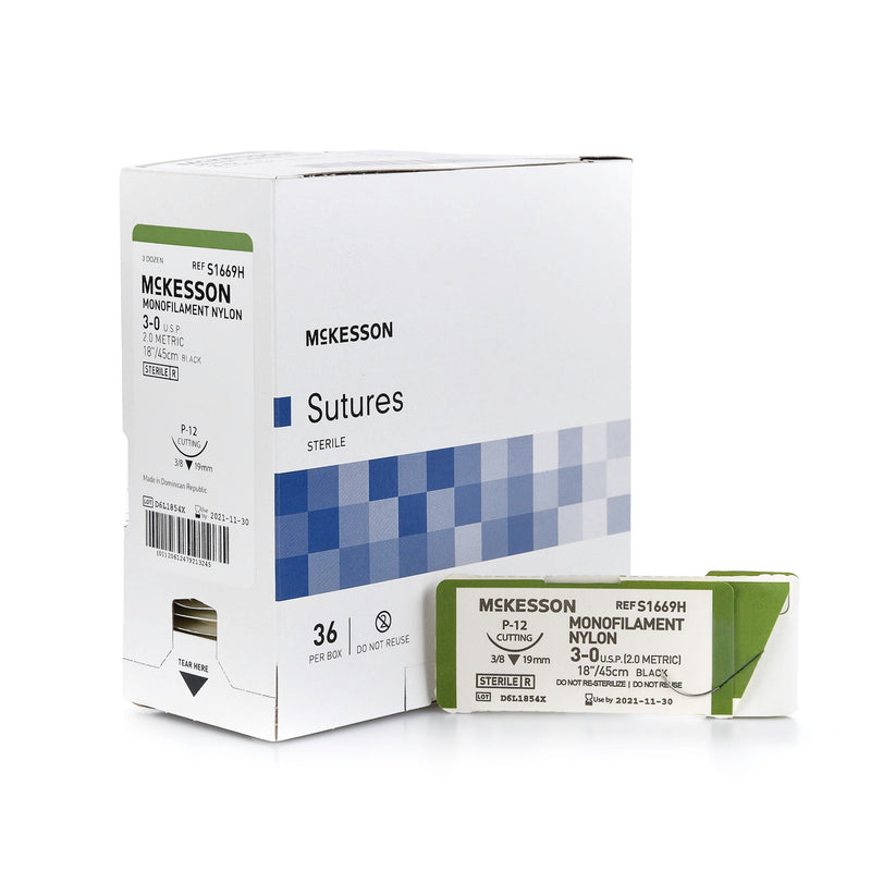 Nonabsorbable Suture with Needle McKesson Nylon P-12 3/8 Circle Precision Reverse Cutting Needle Size 3-0 Monofilament (Box of 36)