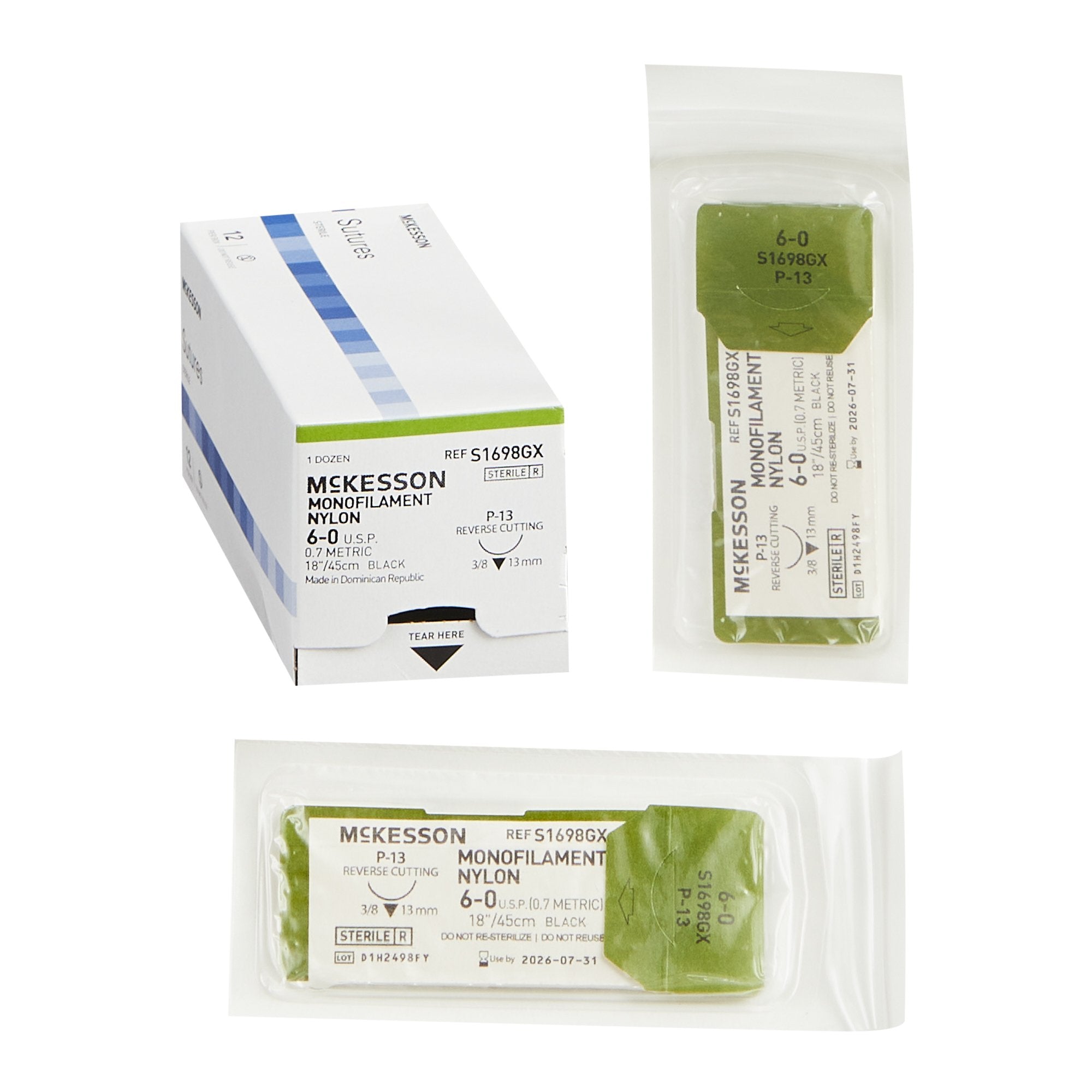 Nonabsorbable Suture with Needle McKesson Nylon P-13 3/8 Circle Precision Reverse Cutting Needle Size 6-0 Monofilament 