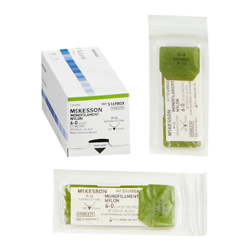 Nonabsorbable Suture with Needle McKesson Nylon P-13 3/8 Circle Precision Reverse Cutting Needle Size 6-0 Monofilament 