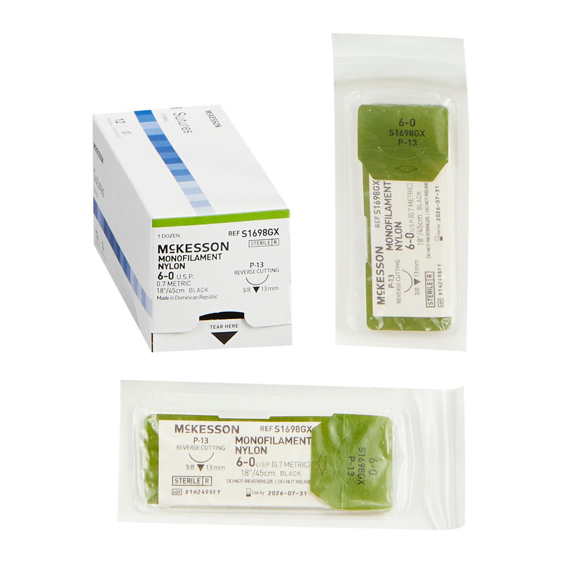 Nonabsorbable Suture with Needle McKesson Nylon P-13 3/8 Circle Precision Reverse Cutting Needle Size 6-0 Monofilament (Box of 12)