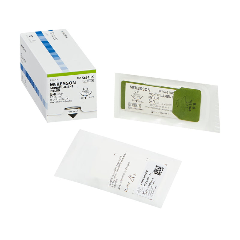 Nonabsorbable Suture with Needle McKesson Nylon C-13 3/8 Circle Reverse Cutting Needle Size 5-0 Monofilament (Box of 12)