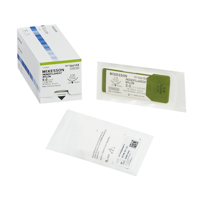 Nonabsorbable Suture with Needle McKesson Nylon C-13 3/8 Circle Reverse Cutting Needle Size 5-0 Monofilament 