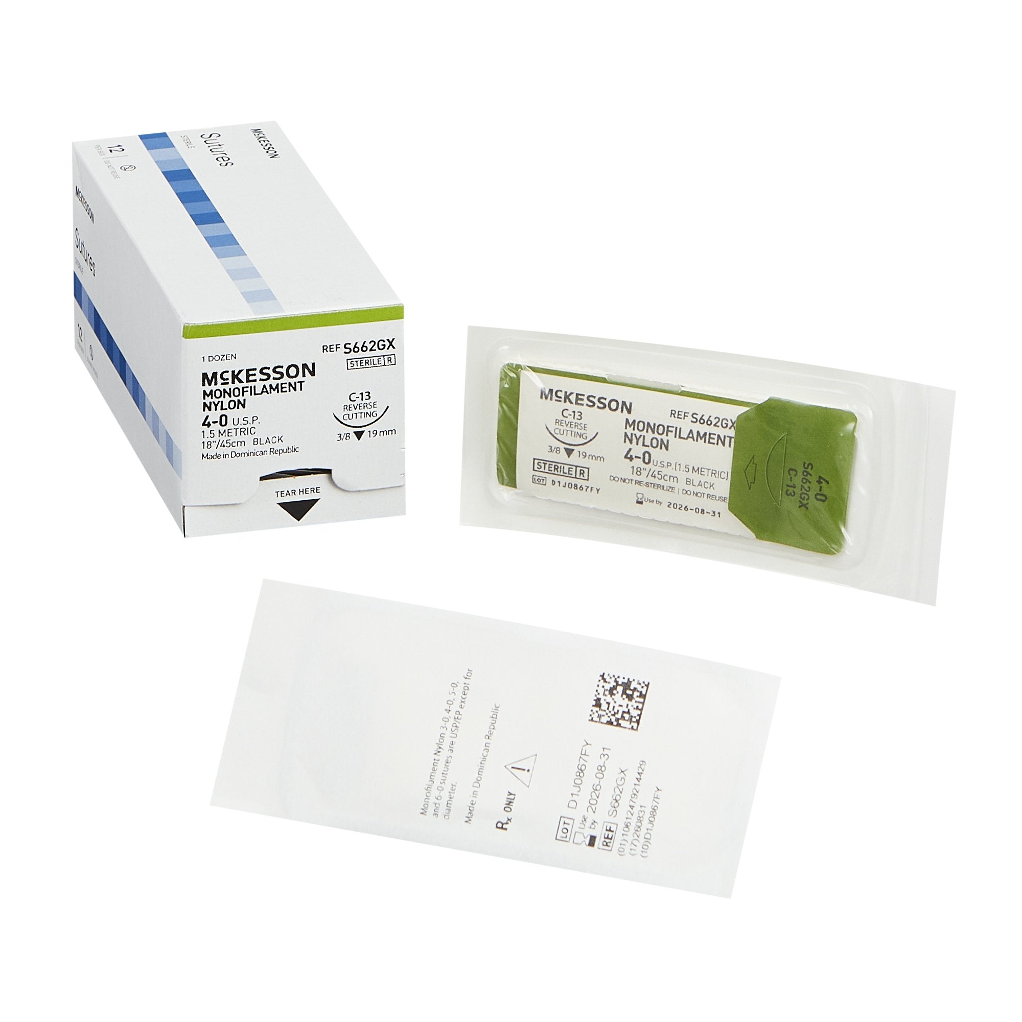 Nonabsorbable Suture with Needle McKesson Nylon C-13 3/8 Circle Reverse Cutting Needle Size 4-0 Monofilament 