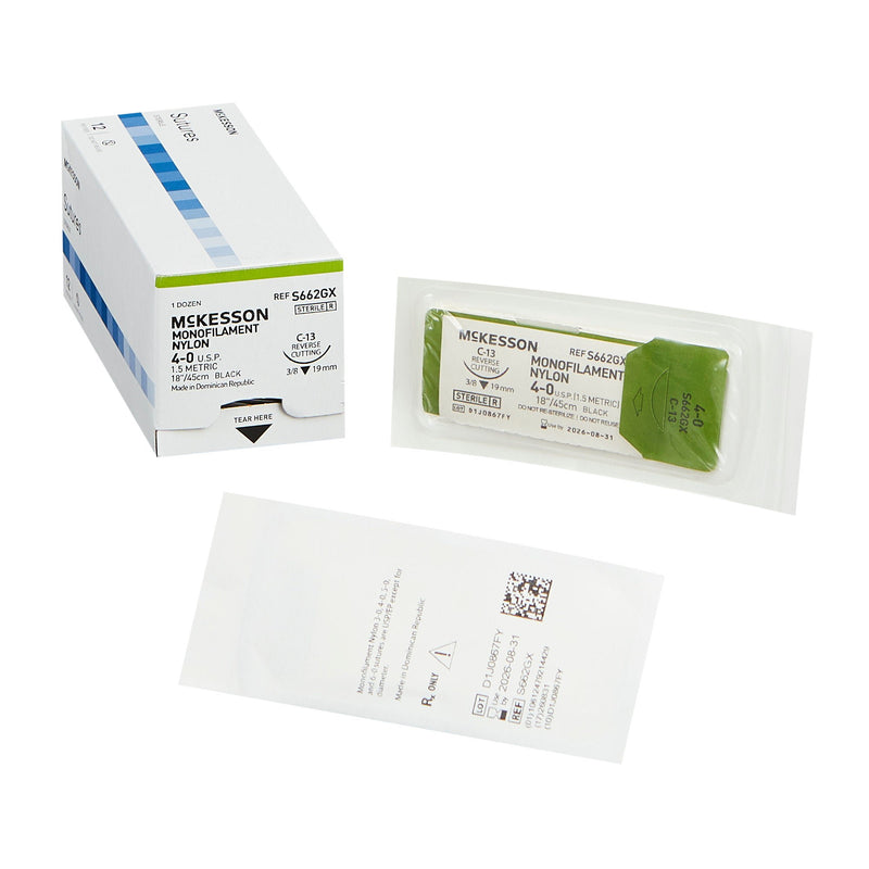 Nonabsorbable Suture with Needle McKesson Nylon C-13 3/8 Circle Reverse Cutting Needle Size 4-0 Monofilament (Box of 12)