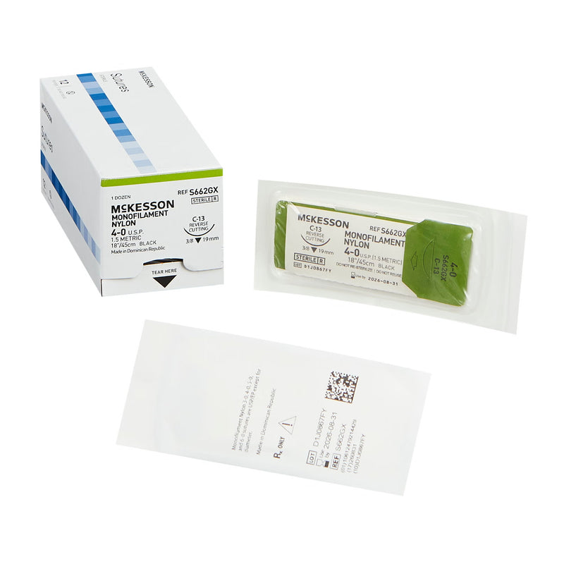 Nonabsorbable Suture with Needle McKesson Nylon C-13 3/8 Circle Reverse Cutting Needle Size 4-0 Monofilament