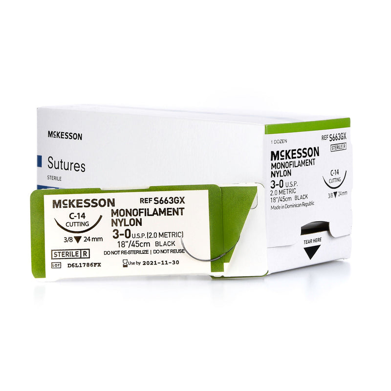 Nonabsorbable Suture with Needle McKesson Nylon C-14 3/8 Circle Reverse Cutting Needle Size 3-0 Monofilament (Box of 12)