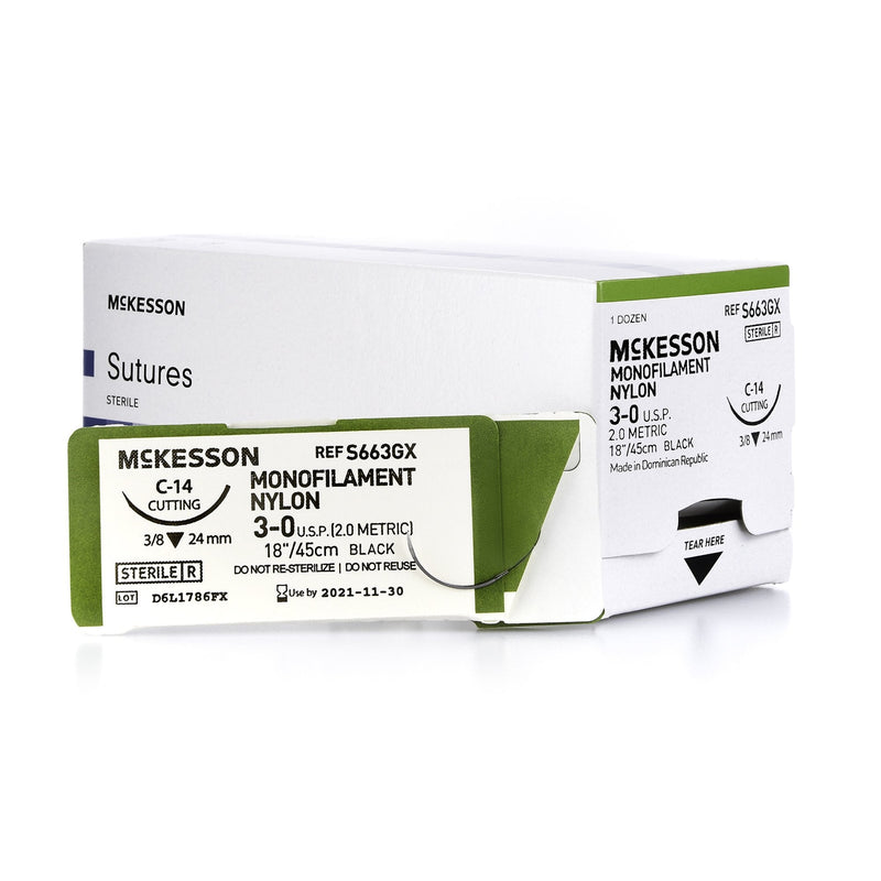 Nonabsorbable Suture with Needle McKesson Nylon C-14 3/8 Circle Reverse Cutting Needle Size 3-0 Monofilament 