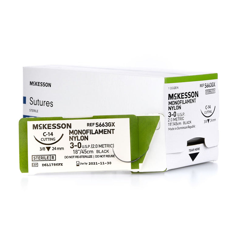 Nonabsorbable Suture with Needle McKesson Nylon C-14 3/8 Circle Reverse Cutting Needle Size 3-0 Monofilament 