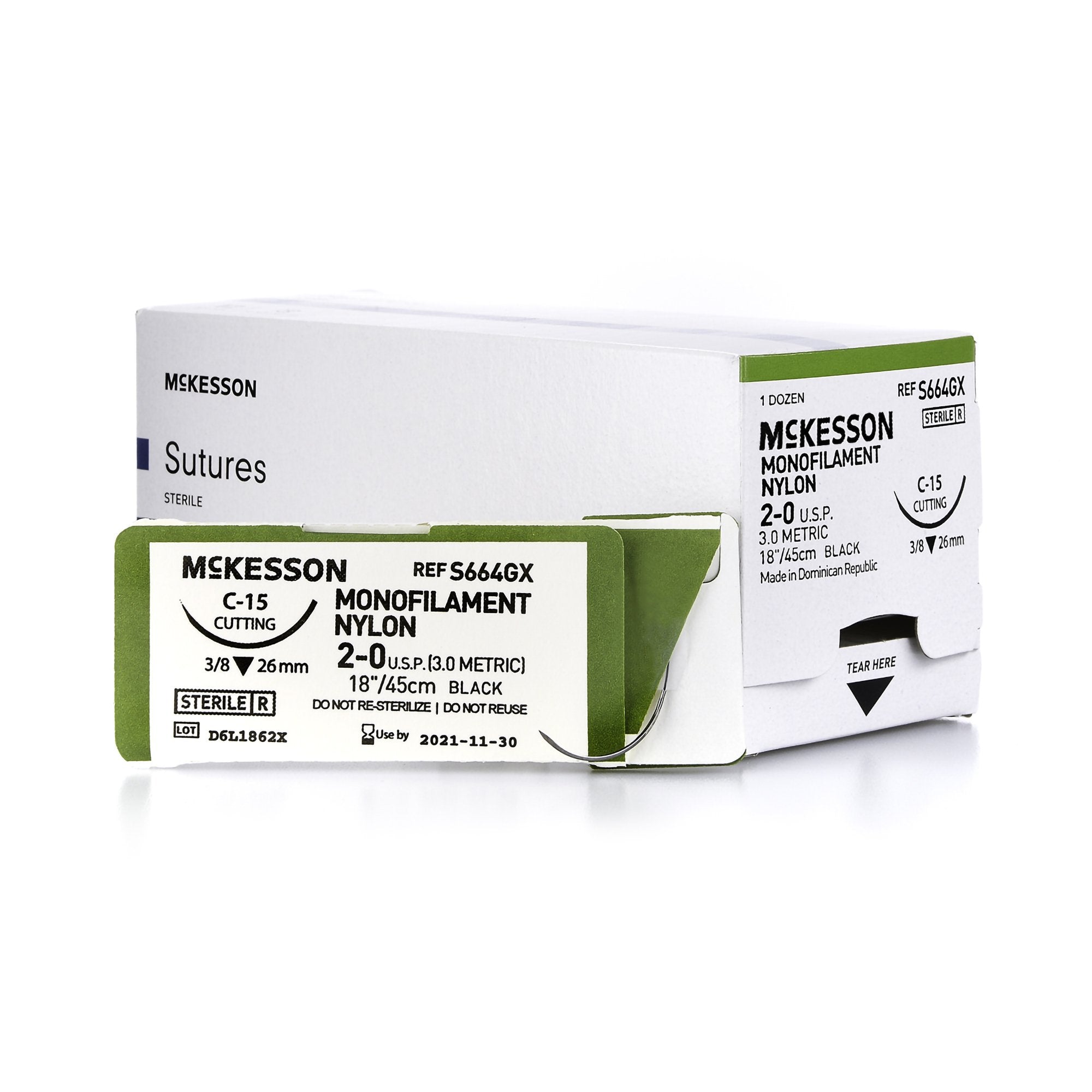 Nonabsorbable Suture with Needle McKesson Nylon C-15 3/8 Circle Reverse Cutting Needle Size 2-0 Monofilament 