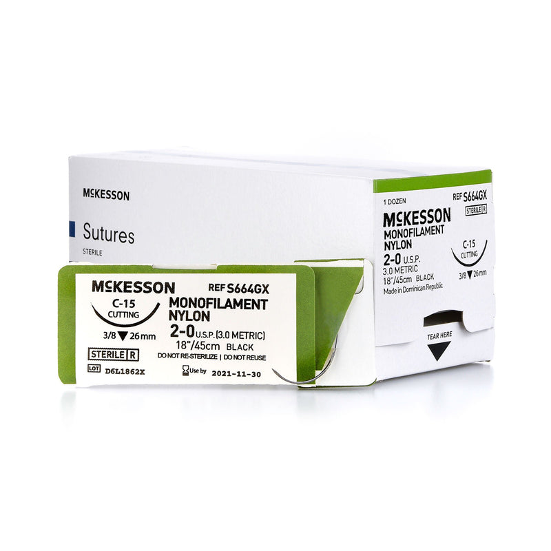 Nonabsorbable Suture with Needle McKesson Nylon C-15 3/8 Circle Reverse Cutting Needle Size 2-0 Monofilament (Box of 12)