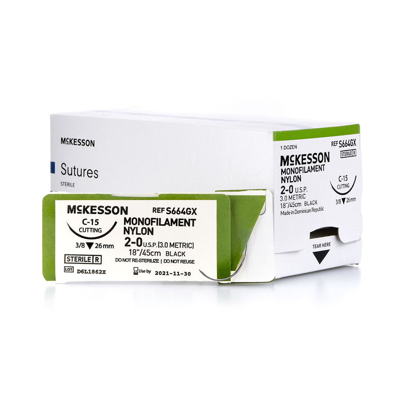 Nonabsorbable Suture with Needle McKesson Nylon C-15 3/8 Circle Reverse Cutting Needle Size 2-0 Monofilament (Box of 12)