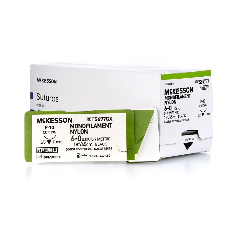Nonabsorbable Suture with Needle McKesson Nylon P-10 3/8 Circle Precision Reverse Cutting Needle Size 6-0 Monofilament (Box of 12)