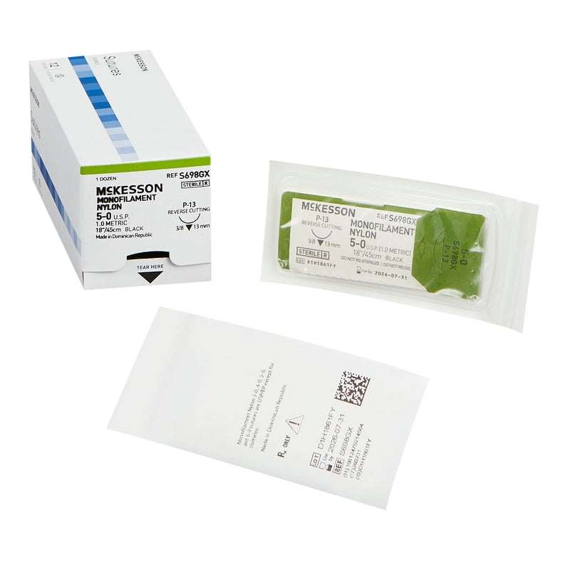 Nonabsorbable Suture with Needle McKesson Nylon P-13 3/8 Circle Precision Reverse Cutting Needle Size 5-0 Monofilament 